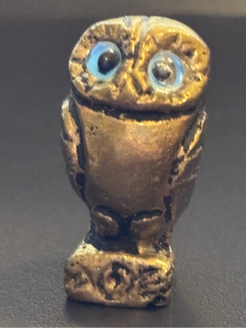Vintage Mini Bronze Brass Owl Figurine AΘE AOE Mark Blue Glass Eyes Greek Athena